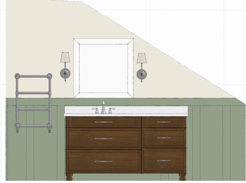attic bathroom design. board and batten paneling. green tile. green bathroom. french manor home kitchen elevation. brick mantel hood. cape charles interior designer. ex-pat interior design. agen'd aveyron designer. 