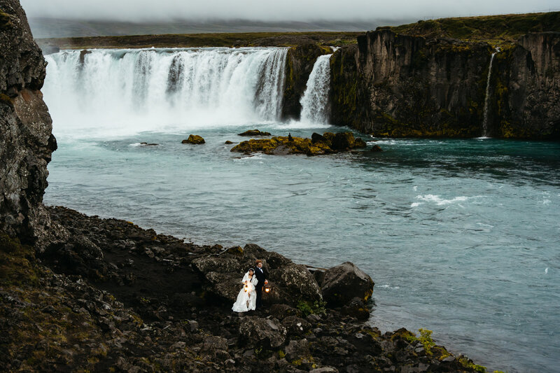 Couple eloping at Goðafoss Waterfall in Iceland