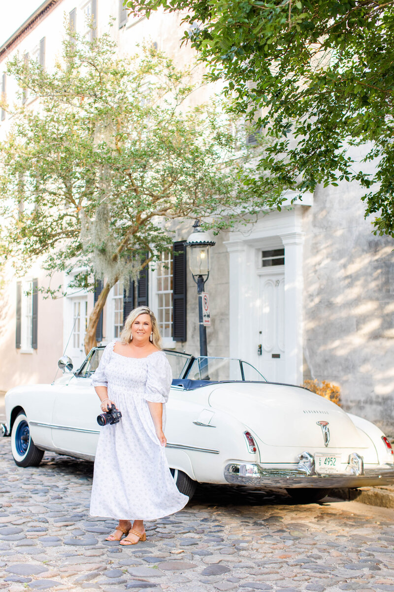 branding photo in front of white old car in Charleston, SC