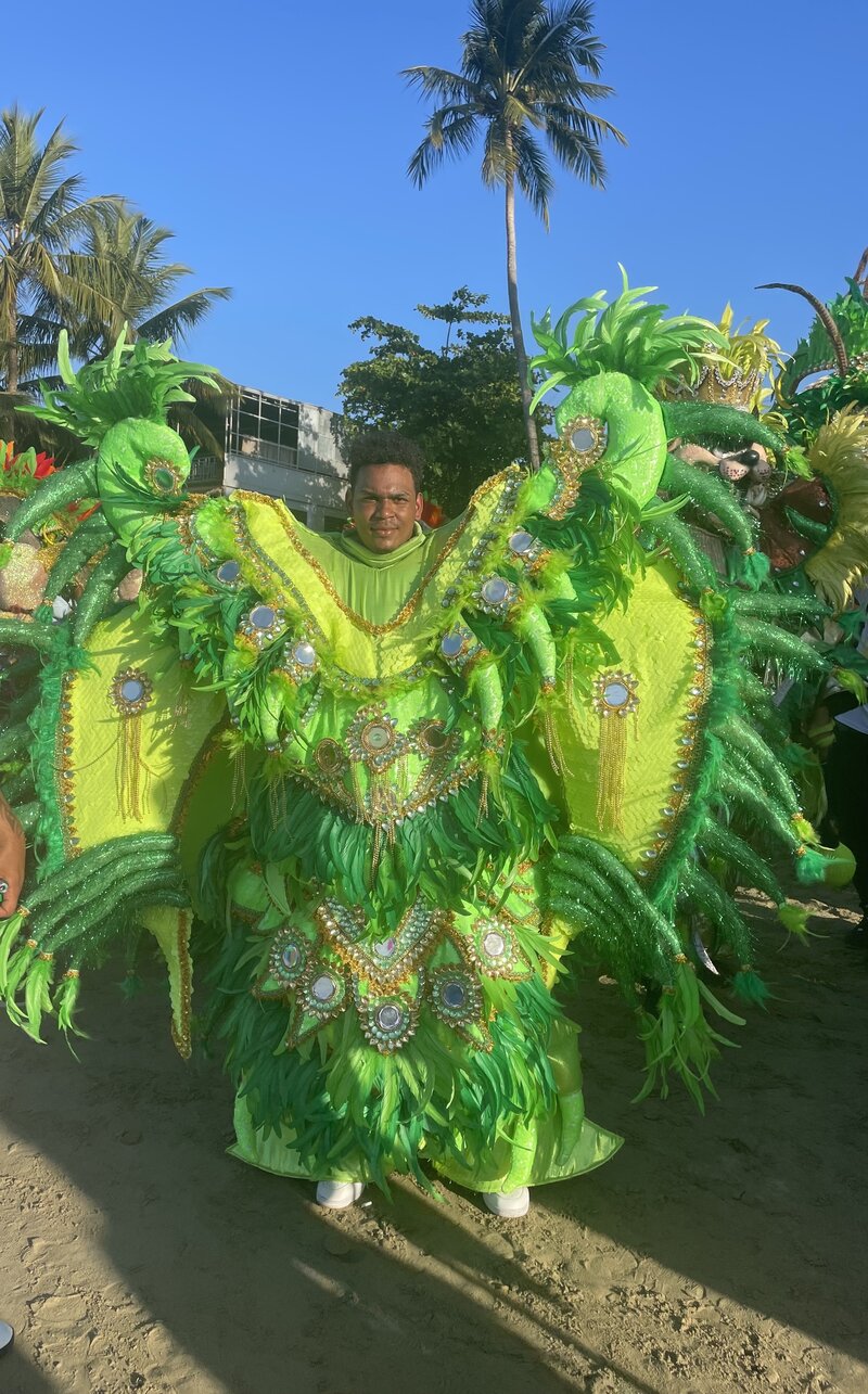 Performer in a vibrant green costume during a Dominican Carnival parade