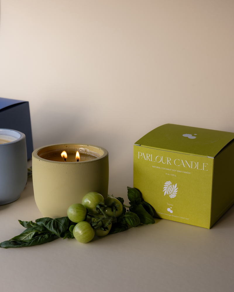 Parlour Candle is a handcrafted candle and home decor line created in a 100-year-old studio space. Project showcase featuring refreshed box packaging design and color & icon development for the scent collection – Compote and Verte.