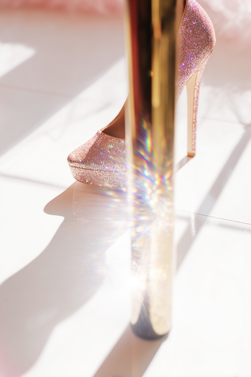 Pink sparkly high heels behind a gold pole dancing pole in dance studio