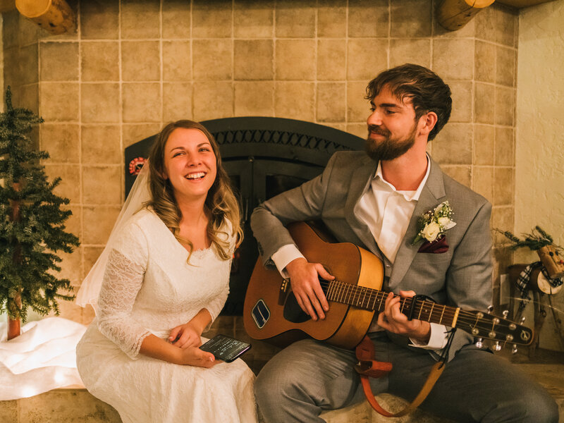Portrait of bride and groom singing at their wedding in San Francisco