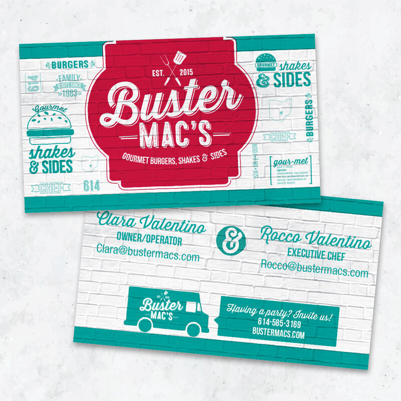 red & teal hipster business card design for burger food truck based in Columbus, OH
