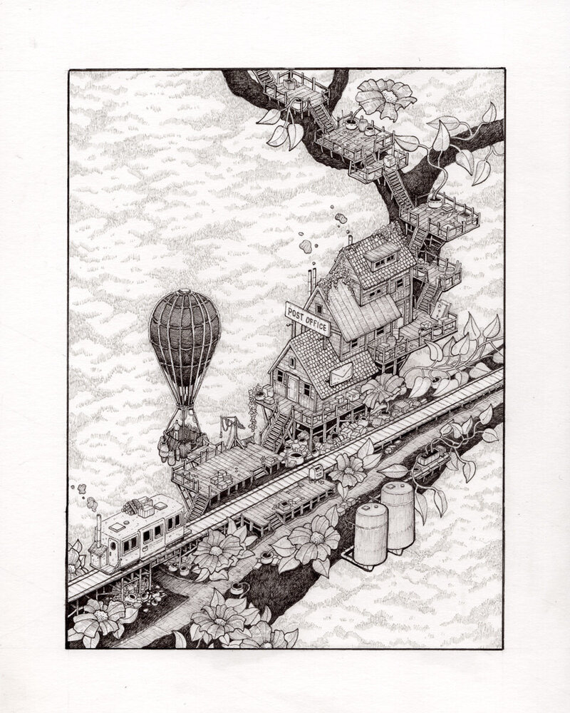 Overview of The Post Office Illustration. A Post Office, Hot Air Balloon, and railway with a train car passing.  Pen and ink illustration. Whimsical.