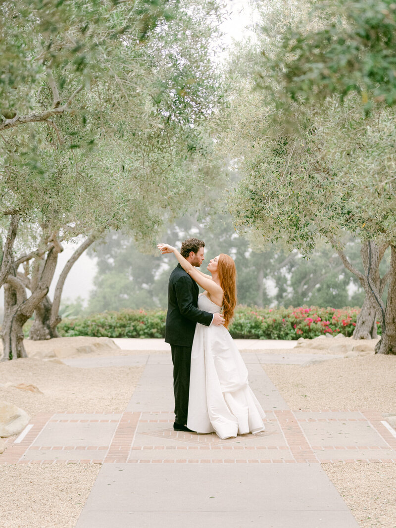 bride and groom stand on a walkway under the olive trees captured by santa barbara wedding photographer magnolia west photography