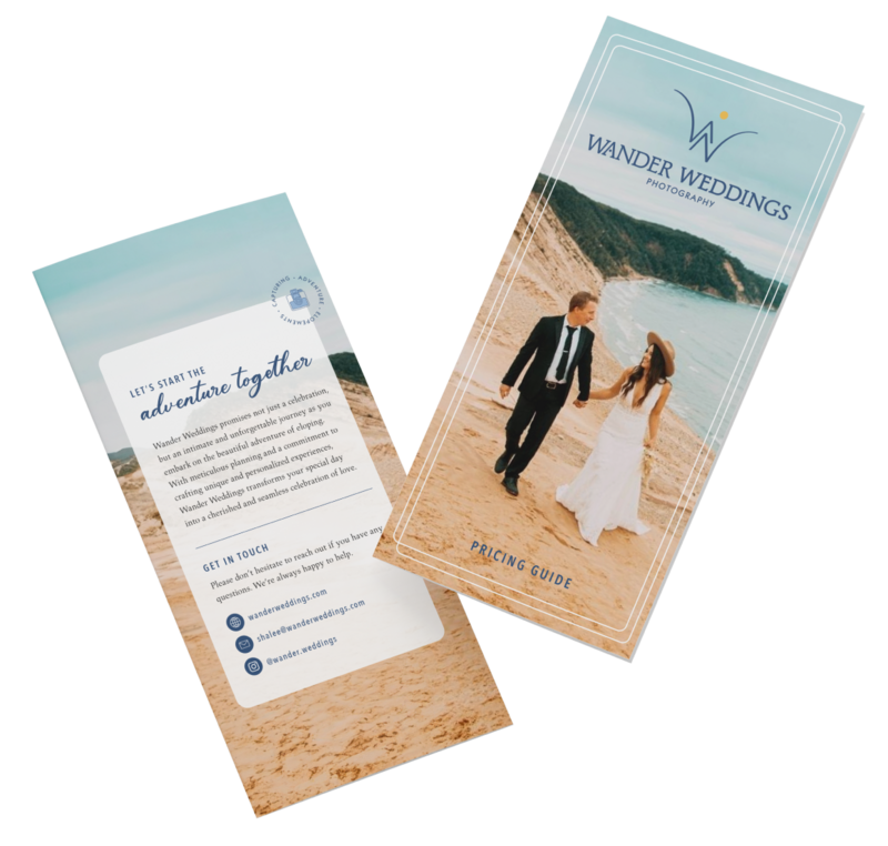 A front and back trifold showcasing the services for Wander Weddings. It lays on top of a yellow background.