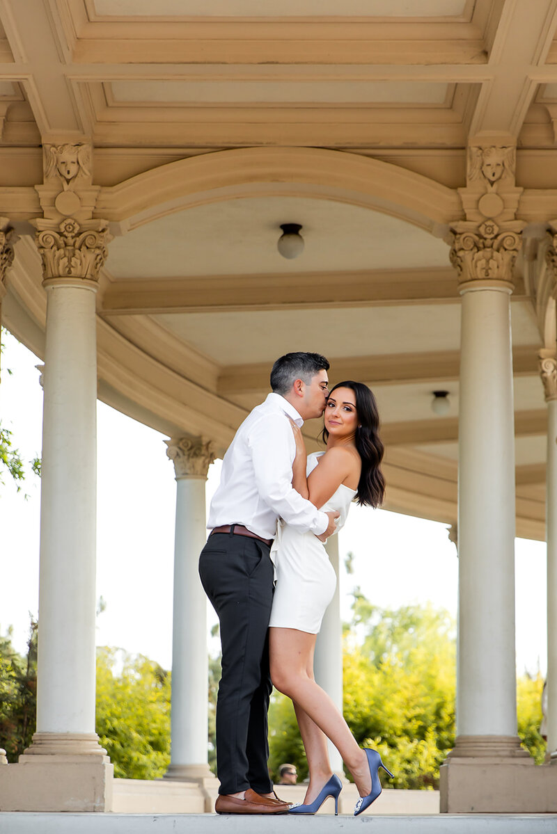 Bride and groom walk up memorial steps at their DC wedding