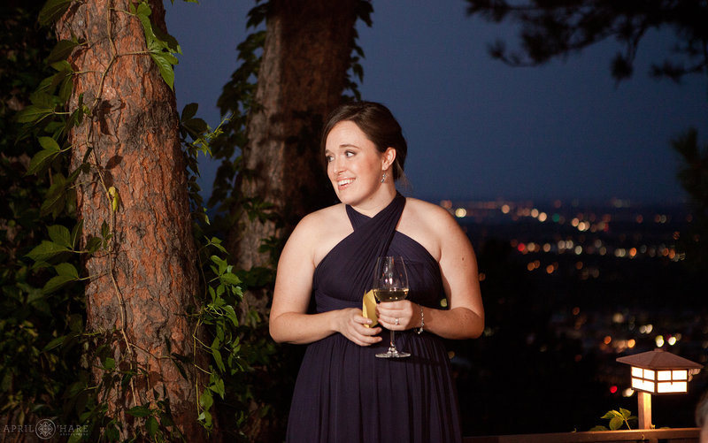 Flagstaff House Wedding Reception on the outdoor Terrace at dusk with city lights in the Backdrop