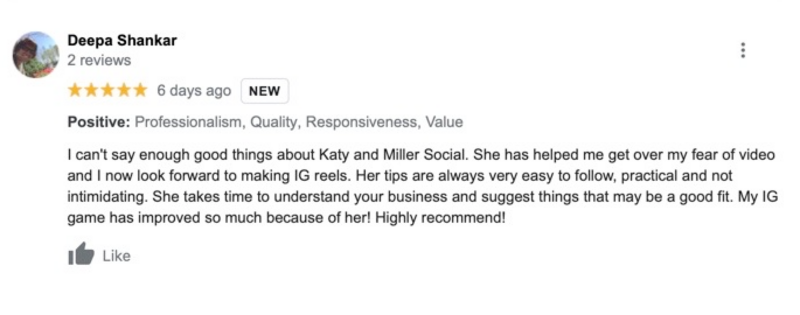 screenshot of a positive review of the social media strategist and course creator's services on the google testimonials page