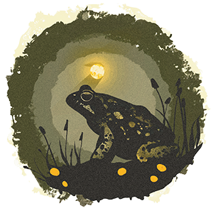 An abstract painting of a toad under moonlight with mushrooms behind it.