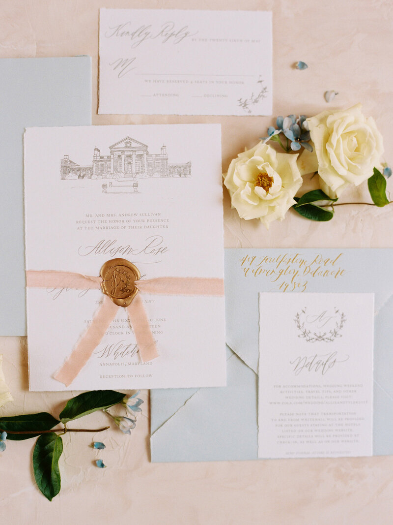 Pale Blue and Peach wedding invitations
