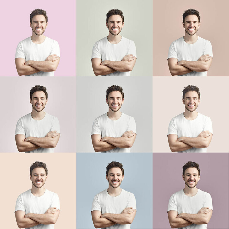 Josh smiling in white tshirt collage.