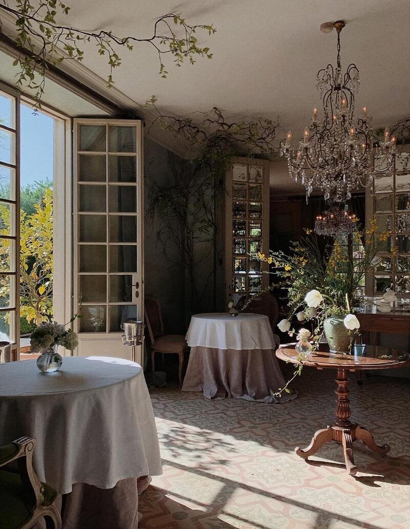 The romantic dining room of Meo Moda at Borgo Santo Pietro with a whimsical crystal chandelier, mirrored door panels and climbing vines along the walls