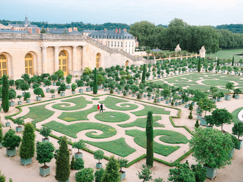 Aerial view, Orangerie with the couple near Airelles Versailles, the garden