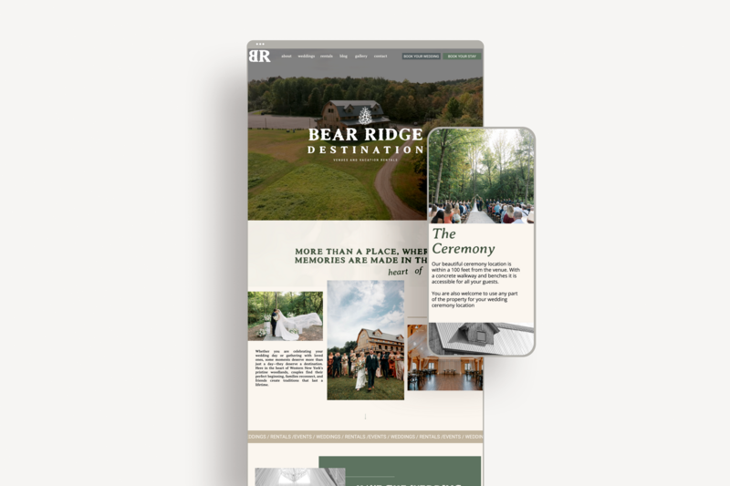 A showit website design for Bear Ridge Destination, a wedding venue in Clymer NY. 