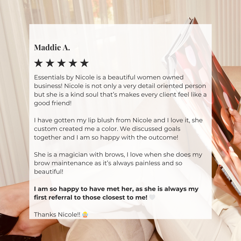 5-star review highlighting natural lip blush results, enhanced shape, and a painless, professional experience