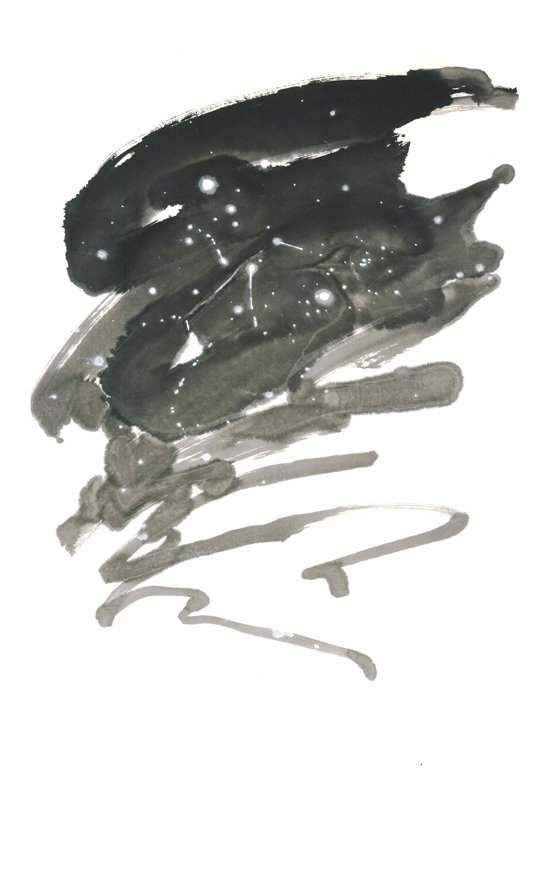 Abstract sumi e painting  by Marilyn Wells, based on quote by Antoine de Saint-Exupery. "When night has fallen, I delivered, shall read my course in the stars." Ink on Paper