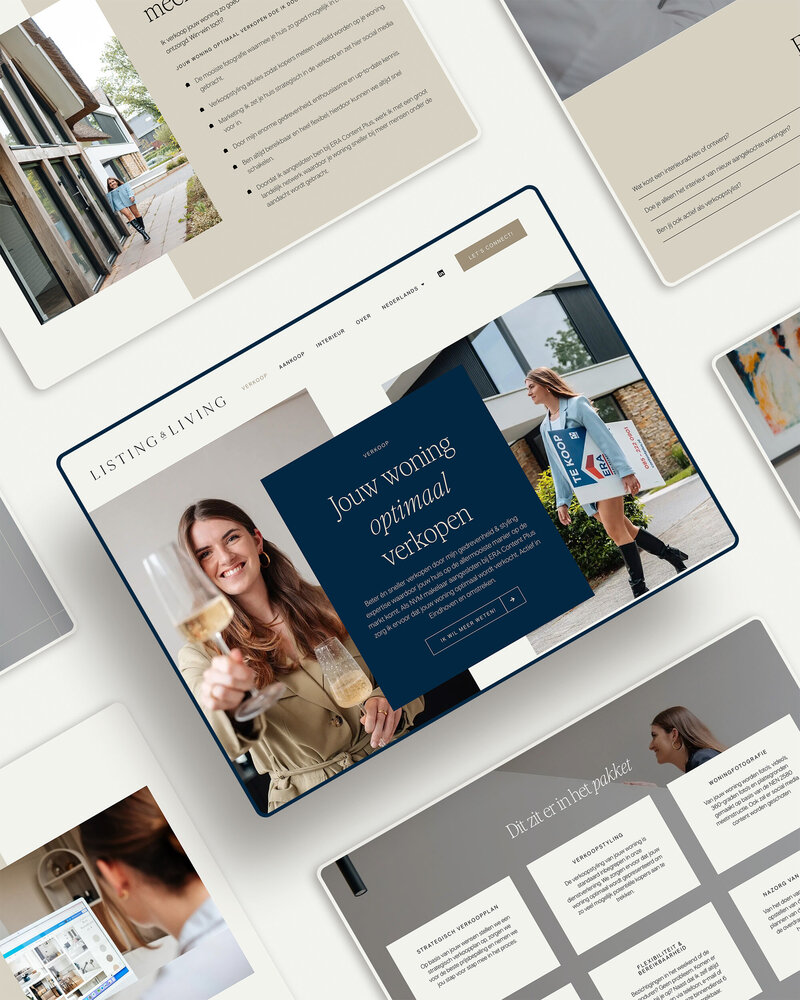 Websiteweergave van verkoopdiensten van Listing & Living, inclusief verkoopstyling en presentatiepakketten