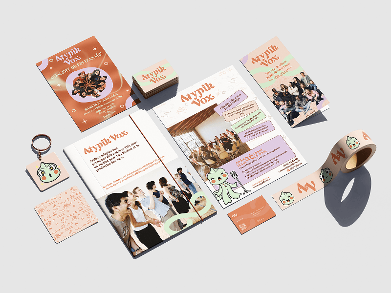 Maquette créée par Fenicia Studio pour l'identité visuelle d'une organisation proposant des ateliers de chants inclusifs. Elle représente la papeterie de la marque.