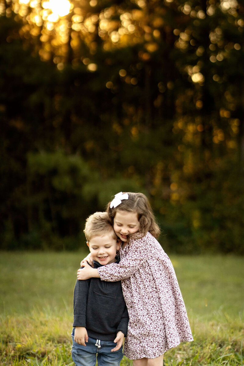 Sister hugging brother during sunset in field