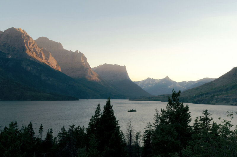 Glacier national park alpine lake at sunset
