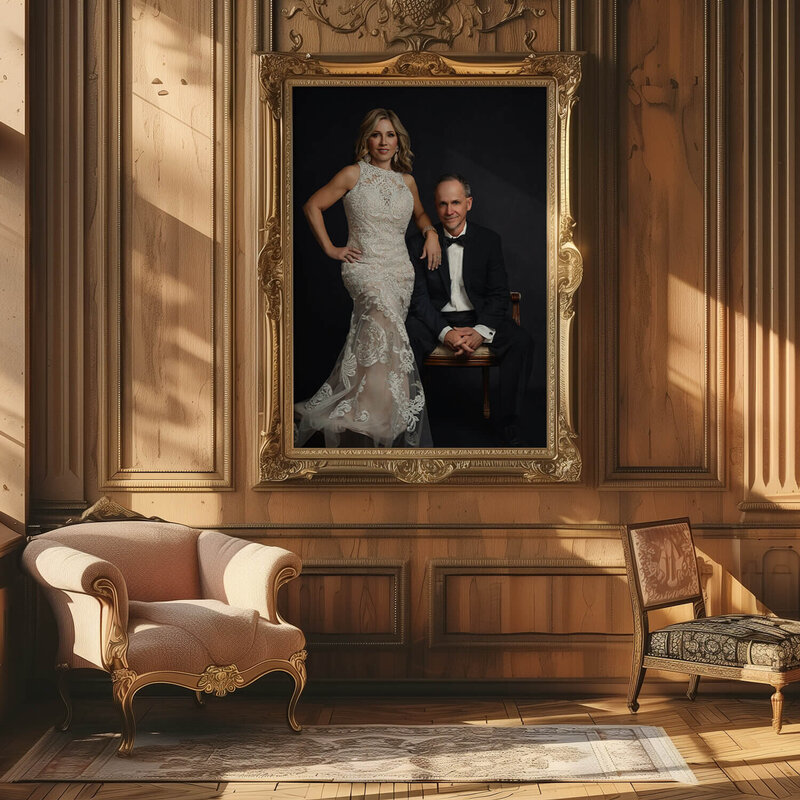 Legacy oil portrait of a couple in formal attire, framed in gold and displayed in a grand interior. Created by The Picture House in Birmingham, Alabama.