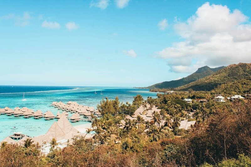 Overwater bungalows and turquoise lagoon in Bora Bora, French Polynesia