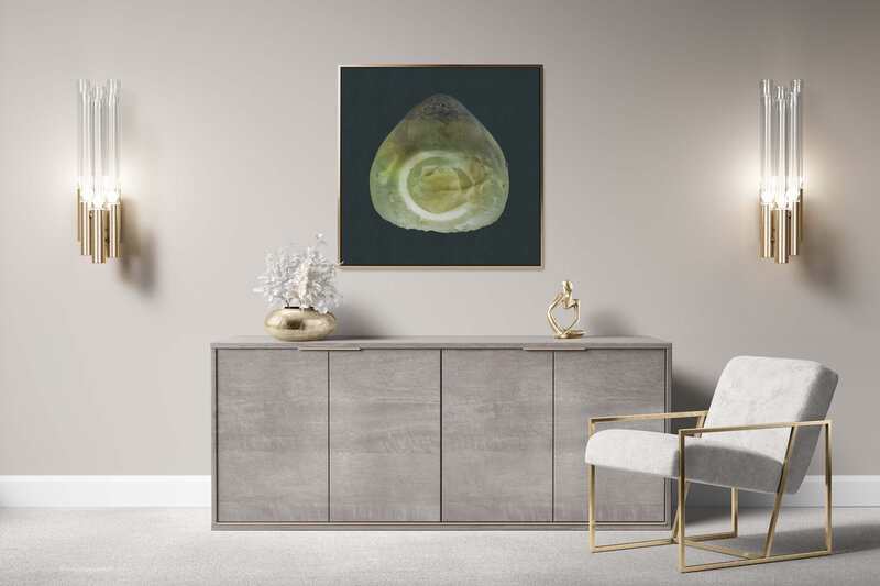 Fine Art Canvas with a gold frame featuring Project Stardust micrometeorite NMM 1448 for luxury interior design