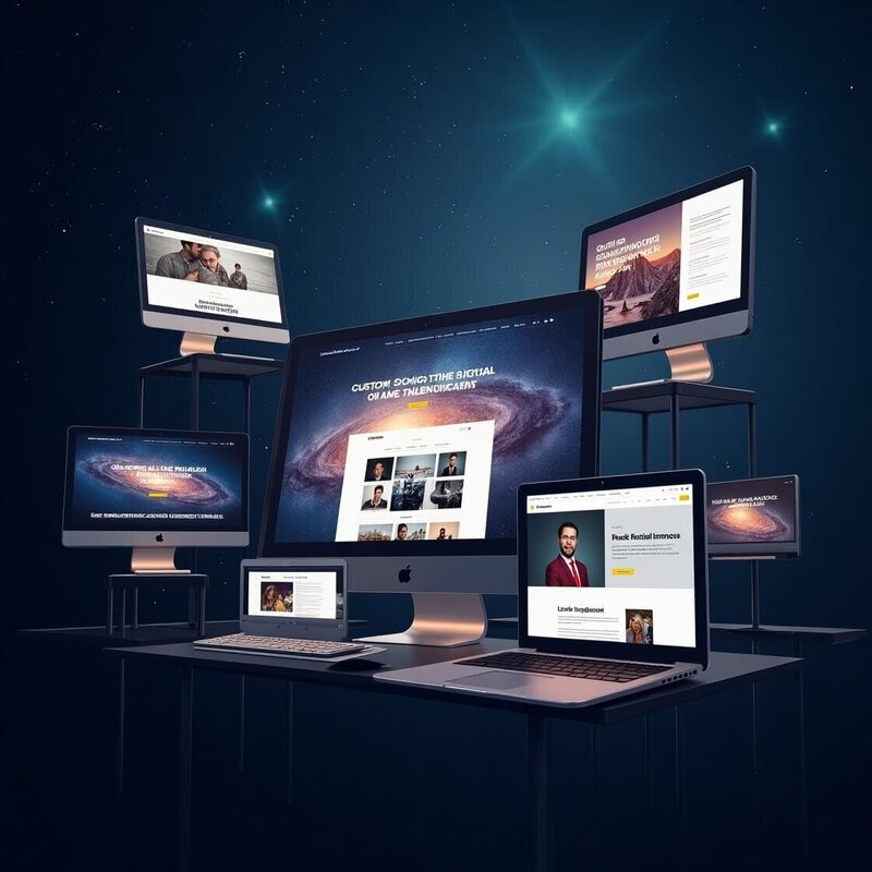 Ensemble d’écrans présentant des sites web professionnels sur le thème du coaching et de la transformation digitale, illustrant des services de stratégie IA, identité visuelle et gestion des réseaux sociaux – réalisation Lili Créa Design, webdesigner à Saint-Nazaire