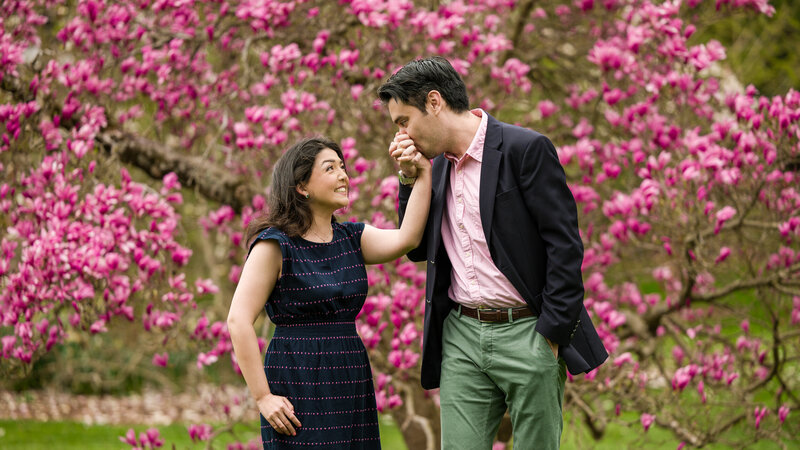 Couple sharing a kiss on the hand beneath blooming cherry blossoms during their engagement session at Longwood Gardens.