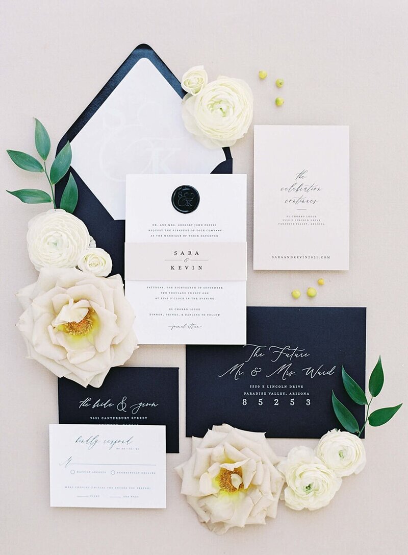 semi custom black and white Elchorro Arizona wedding invitation
