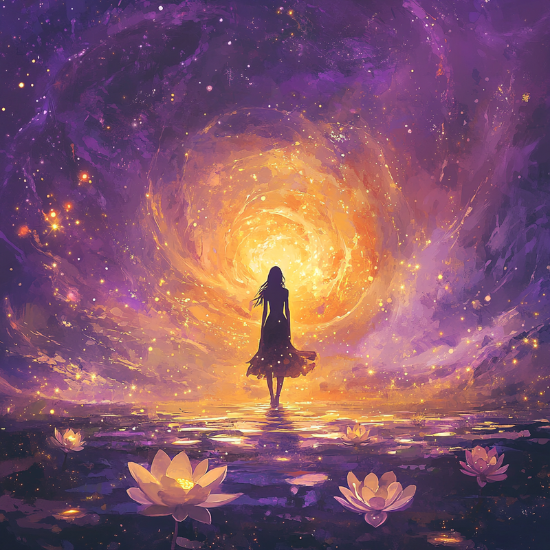 An ethereal silhouette of a woman standing in the middle of a cosmic purple galaxy. 