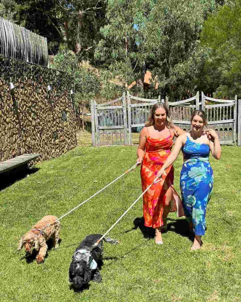 Two girls walking dogs on leads