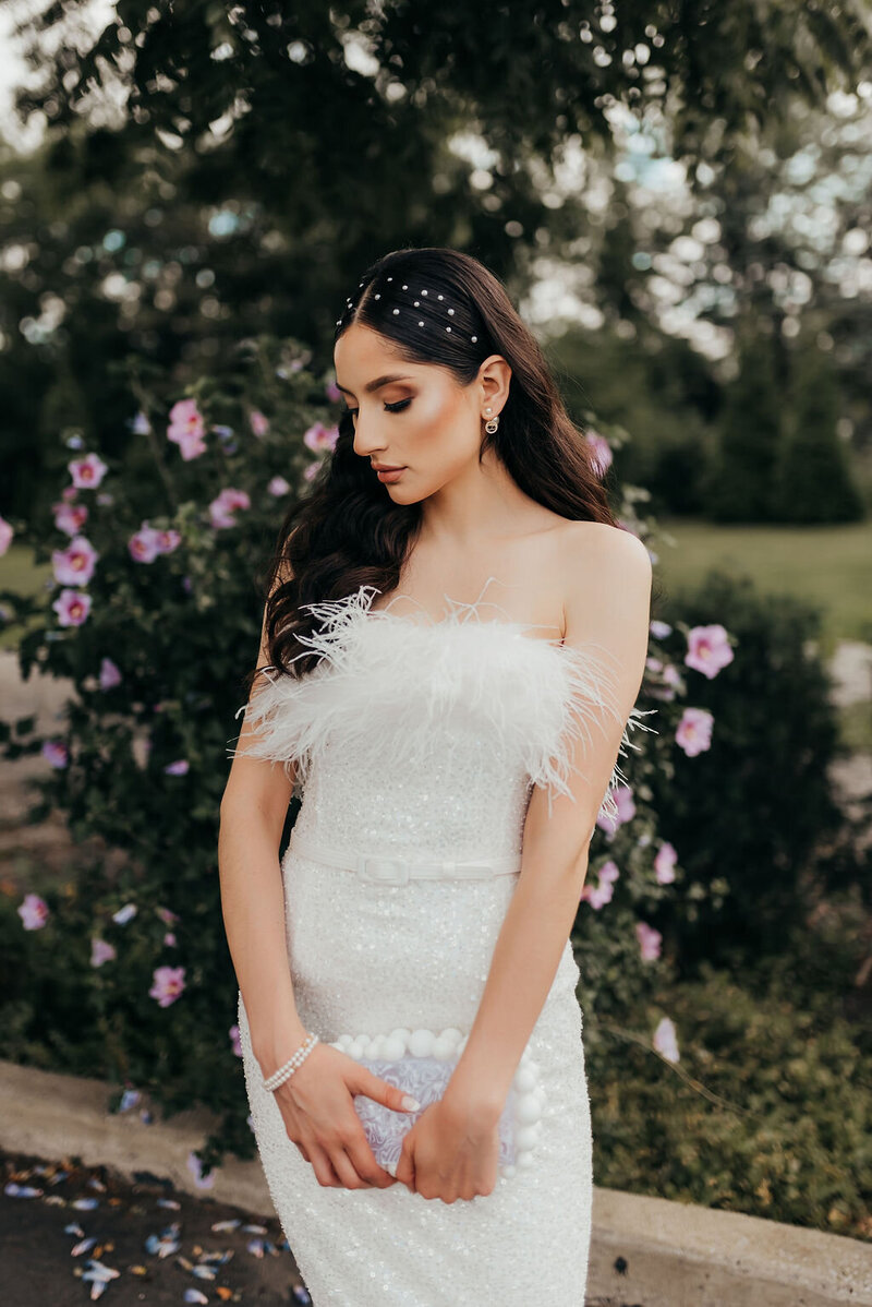 Bride in her dress during golden hour portraits in Chicago.