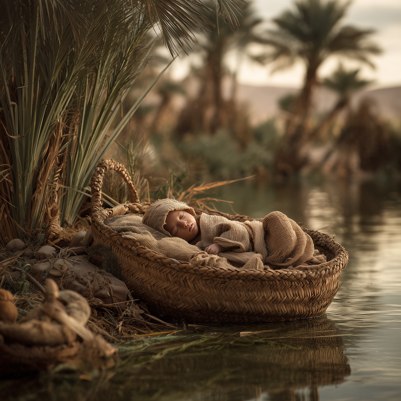 u6883589682_ancient_times._A_tiny_baby_boy_sleeping_in_a_woven__3bea4a92-5b74-4278-a129-a87e0507fa5b
