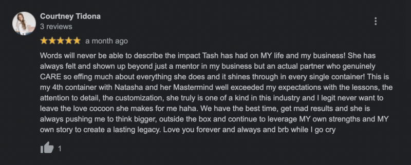 a screenshot of a five star review from one of natasha zoryk's past clients named courtney tidona