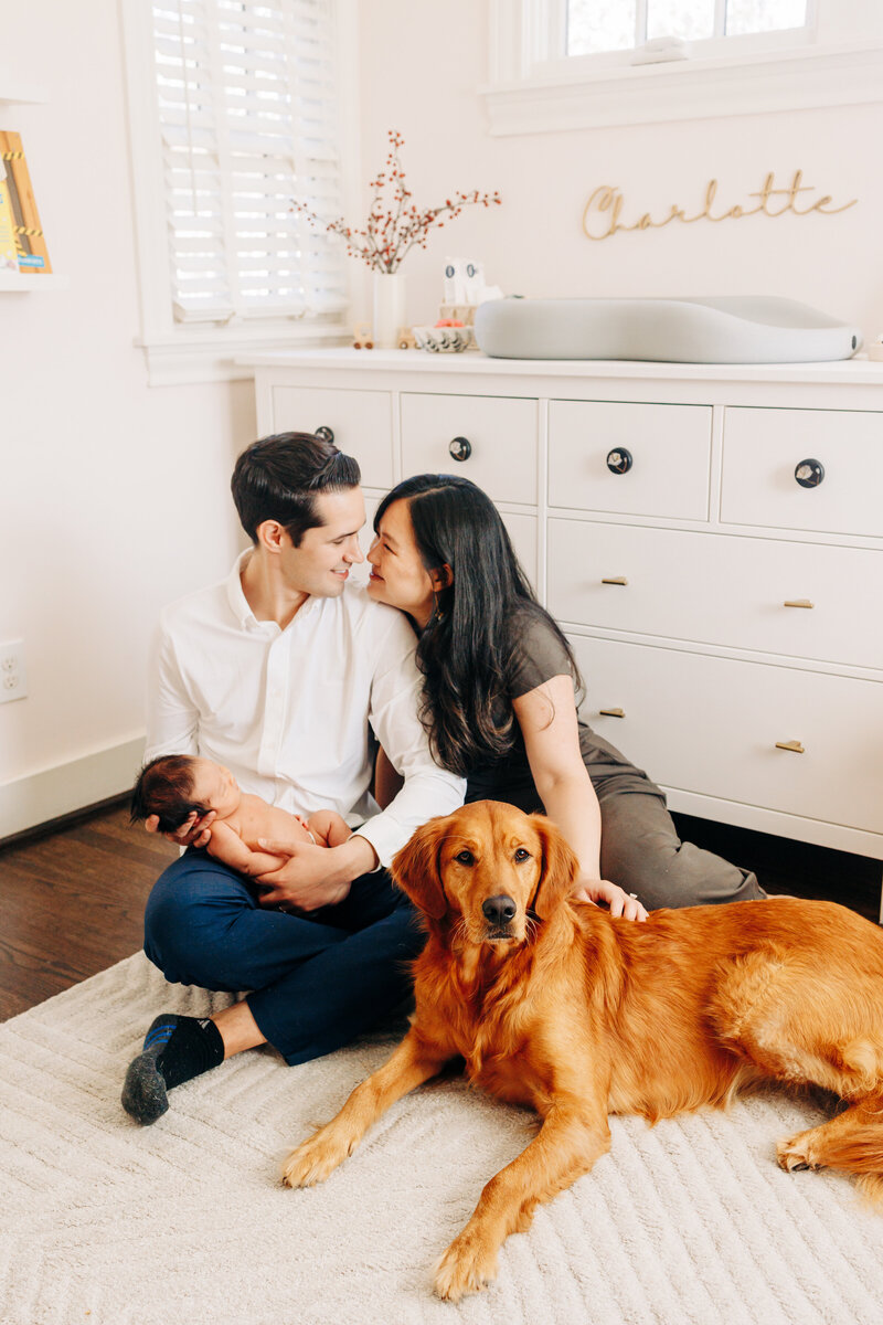 family with their dog and newborn baby taken by a houston newborn photographer