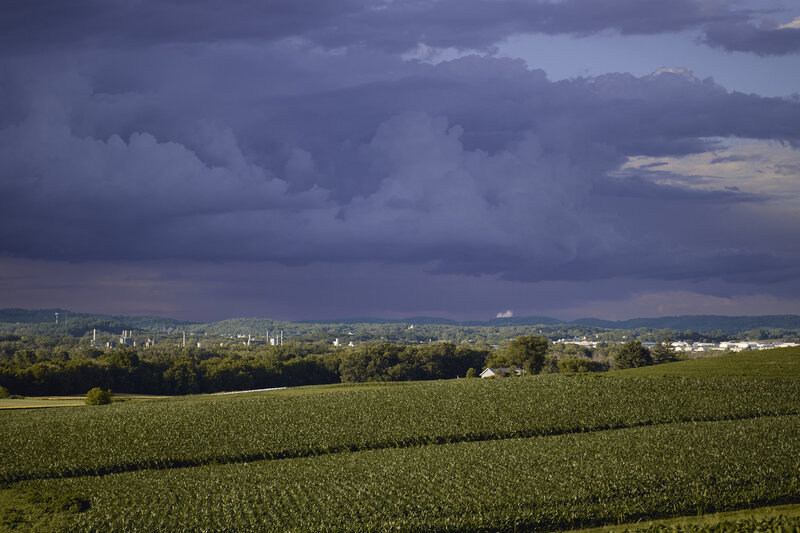 Dark storm clouds over a rural Wisconsin town 