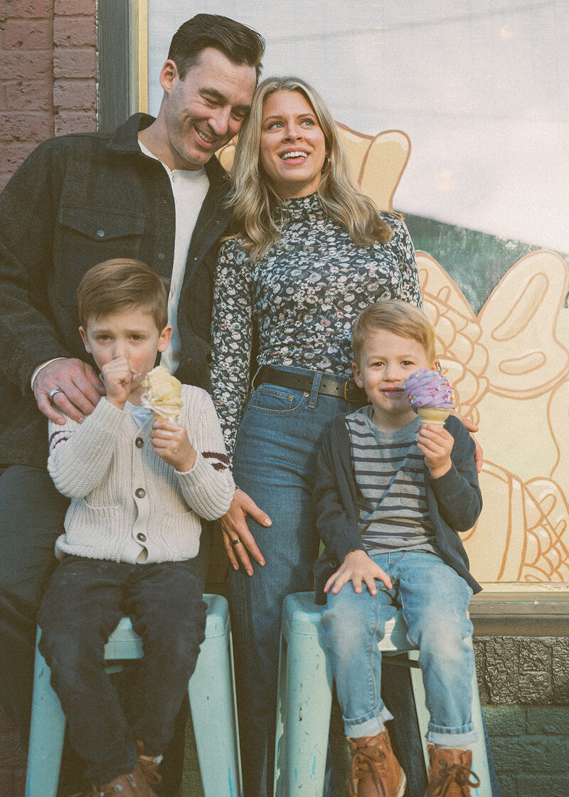 Family enjoying ice cream together during a relaxed photo session in downtown Orange County — candid moment captured by family photographer Maria Alcantara.