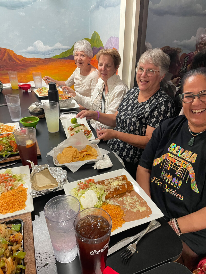 Travelers having dinner