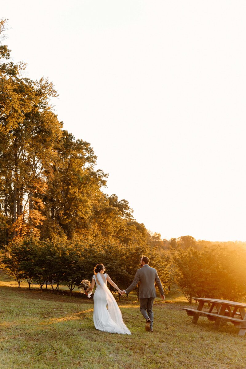 couple holding hands and running through vineyards at golden hour in charlottesville virginia