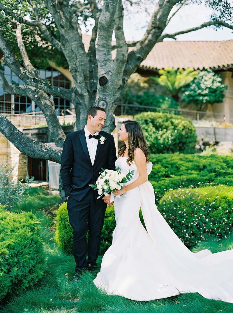 bridal portraits at Mission Ranch Carmel in front of cottage