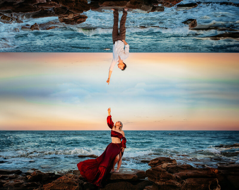 Creative aerial-style photo of a couple on the beach in St. Augustine, appearing to reach hands toward each other.