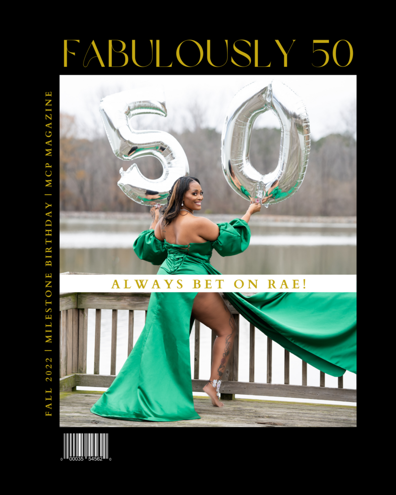 Customized client magazine for milestone birthday photoshoot on a lake holding number 50 balloons