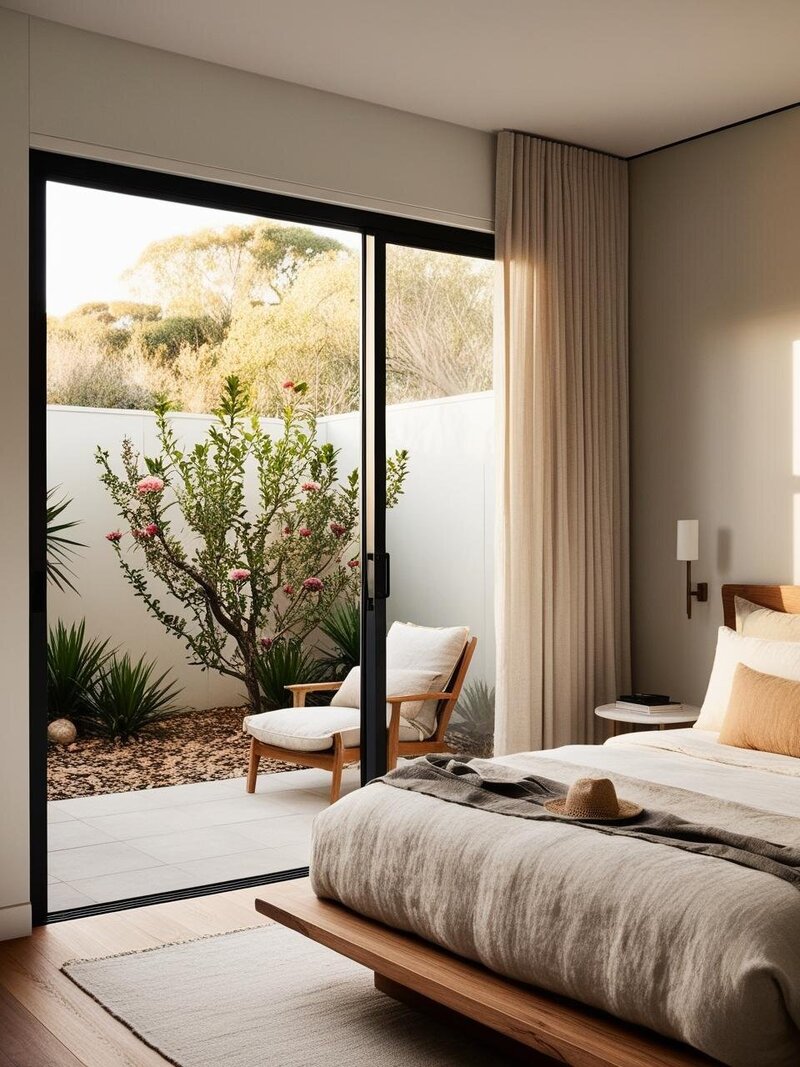 A serene bedroom with a timber-framed bed and layered linen bedding. Sheer curtains frame an open sliding door, leading to a secluded patio with a linen-accented chair and a walled native garden. Eucalyptus trees rise beyond, completing the scene.