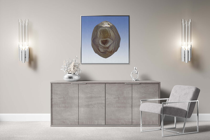 Fine Art Canvas with a silver frame featuring Project Stardust micrometeorite NMM 646 for luxury interior design