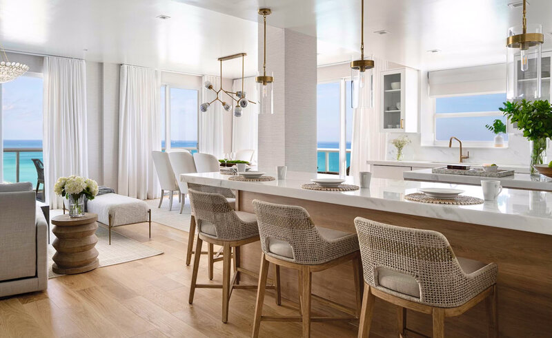 The portfolio page for a DLT Interiors project, Miami Beach Penthouse, done in an upscale midcentury, modern style.