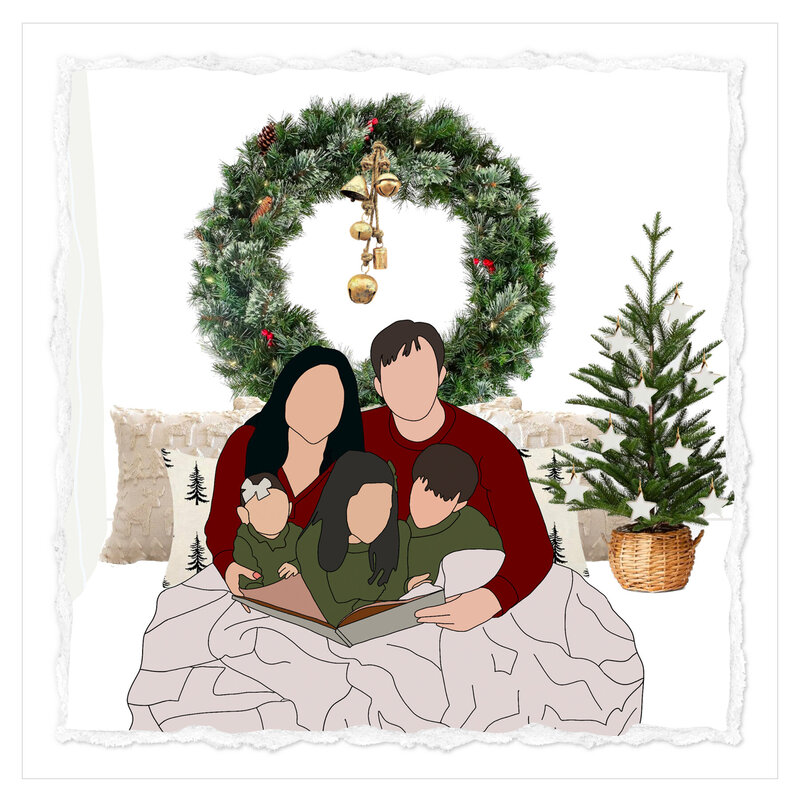 The picture depicts a cozy Christmas mini-session scene. It shows a family of five - two parents and three children - sitting together on a comfortable couch, engrossed in reading a festive storybook.