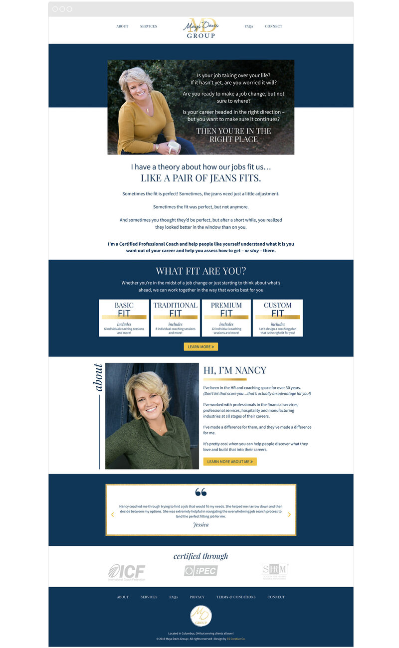 navy & gold web design for business coach